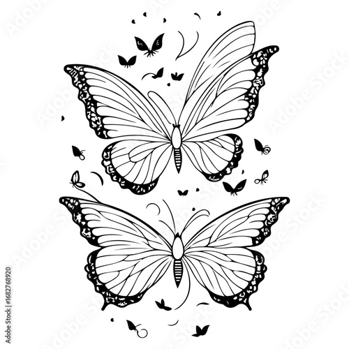 Two delightful butterflies amidst a flutter of smaller counterparts artfully crafted in monochrome