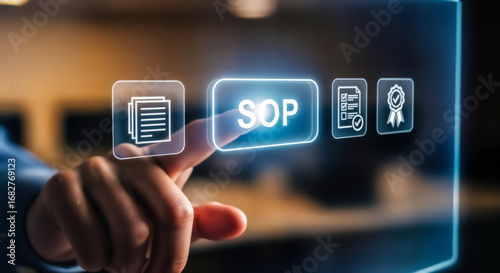 Hand pressing a glowing button with the text sop, representing standard operating procedures, with icons for documents, compliance, and quality assurance in a futuristic digital interface
