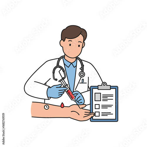 Doctor administering injection to patients arm with clipboard wearing white coat and stethoscope.