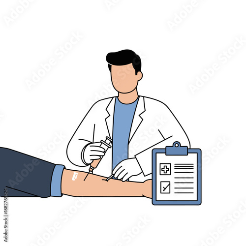Doctor administering injection to patients arm with clipboard nearby medical procedure.
