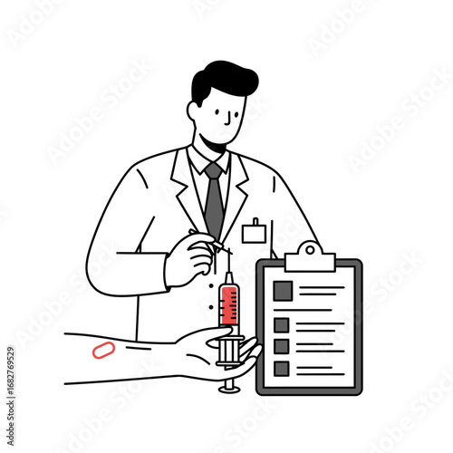 Doctor administering injection with clipboard and patients arm.