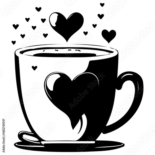 Whimsical coffee cup adorned with floating hearts evokes a feeling of affection and warmth in
