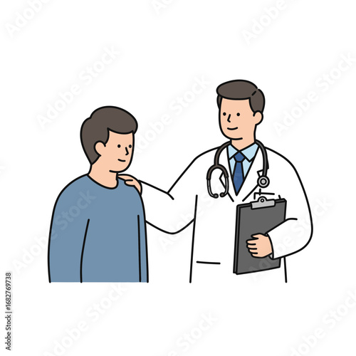 Doctor Comforting Patient with Hand on Shoulder Holding Clipboard.