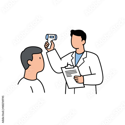 Doctor checking patients temperature with digital thermometer holding clipboard.