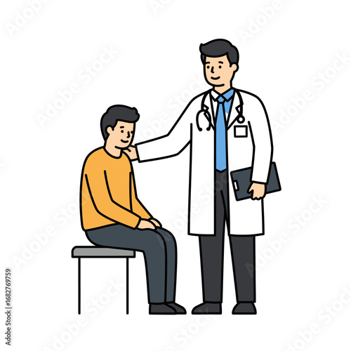 Doctor comforting a patient wearing a white coat and stethoscope holding a clipboard.