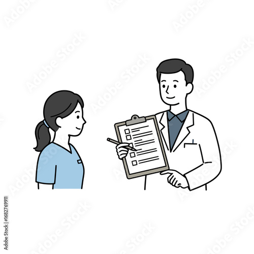Doctor Explaining Checklist to Nurse Medical Consultation Healthcare Professional Interaction.