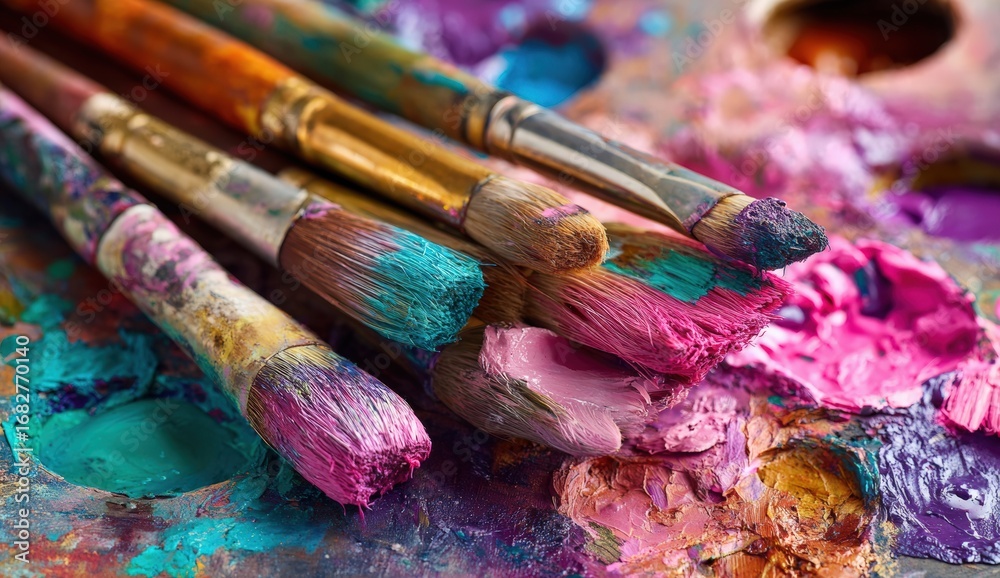 Fototapeta premium Artistic paintbrushes on a vibrant palette