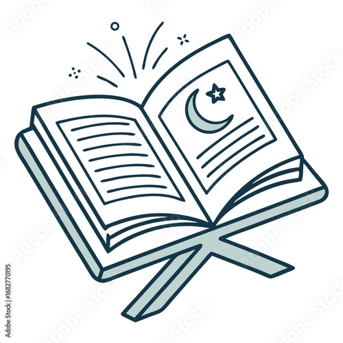 Open Holy Book with Crescent Moon and Star Design.