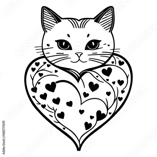 Whimsical feline adorned with heart shaped foliage design evoking endearing affectionate feelings