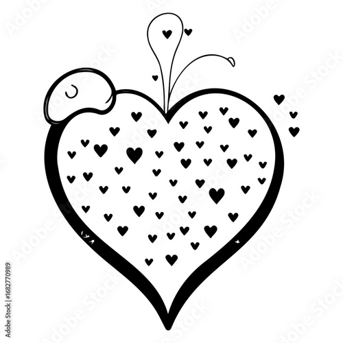 Whimsical heart illustration adorned with tiny hearts and tendrils for affection romance and