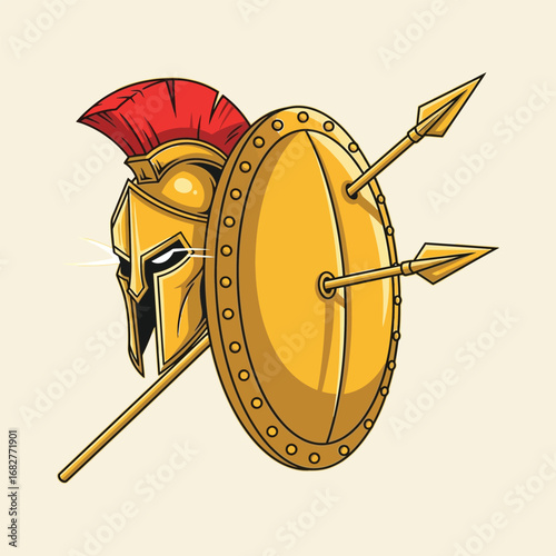 Ancient Greek Spartan warrior mascot emblem with a golden helmet, shield, and spear