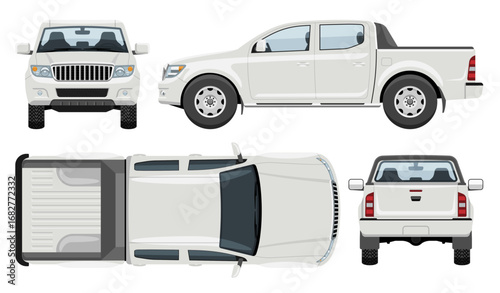 White pickup truck vector template with simple colors without gradients and effects. View from side, front, back, and top
