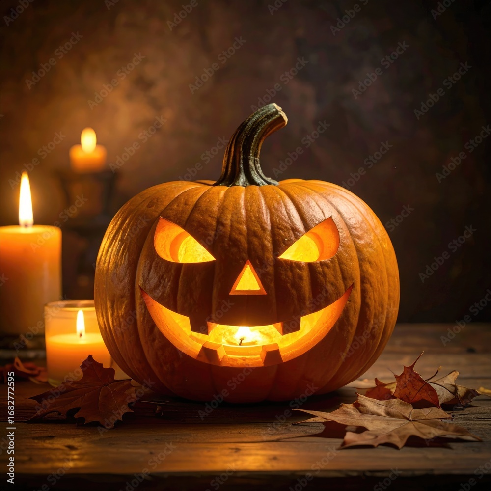Fototapeta premium Glowing carved pumpkin with candles & autumn leaves on a rustic wooden surface, casting warm light in a spooky Halloween scene