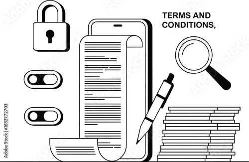 Terms and conditions document with legal icons contract