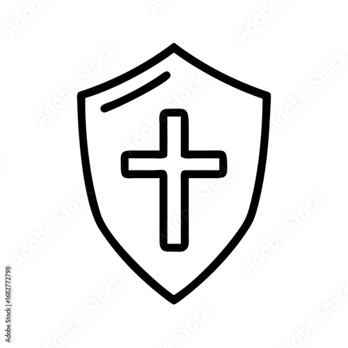 Outline drawing of a shield with a cross in the center symbolizing faith and protection in black and white