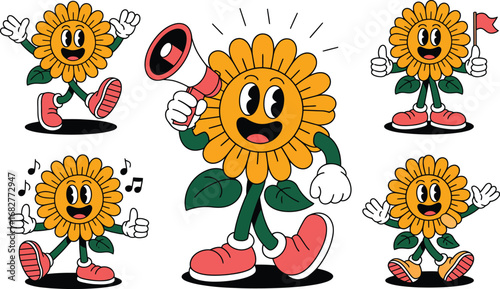 Retro cartoon sunflower characters in various poses