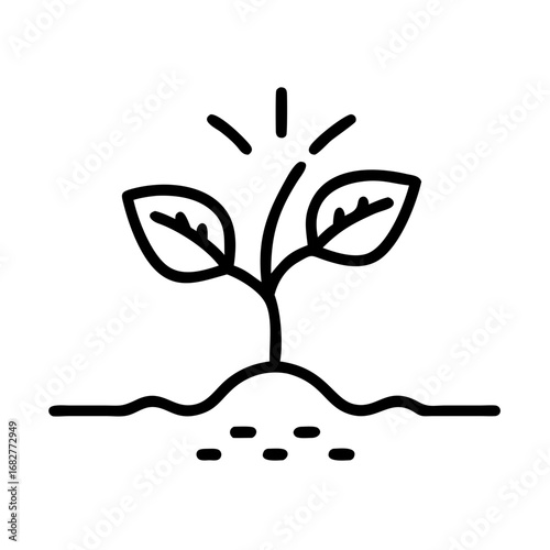 A simple line drawing of a plant sprouting from the ground with three light rays above the plant top