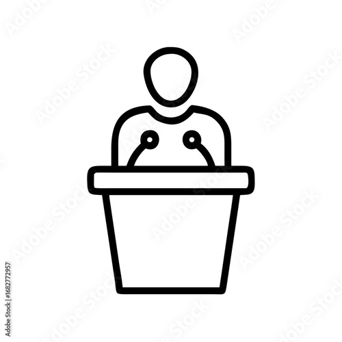 Outline illustration of a person giving a speech at a podium with microphones in black and white style