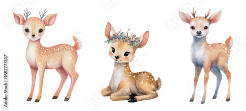 set of cute watercolor deer. Cute deer with antlers decorated with flowers. Watercolor deer for children's illustrations, spring and Christmas designs. Cute watercolor forest characters.