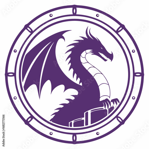 Purple Dragon Silhouette Inside Circular Frame Winged Creature Emblem.