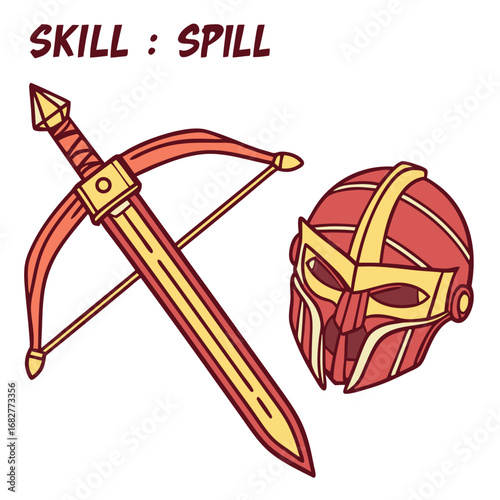 Red and yellow cartoon fantasy warrior gear featuring a unique swordcrossbow and a stylized fullface helmet.