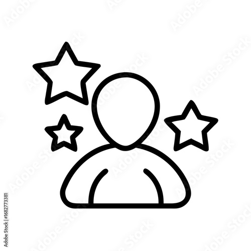 Outline drawing of a person with no face surrounded by three stars in a simple black and white design