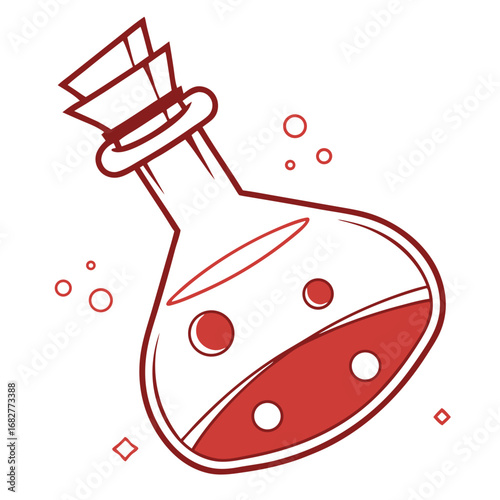 Red Potion in Glass Erlenmeyer Flask with Folded Paper Stopper.