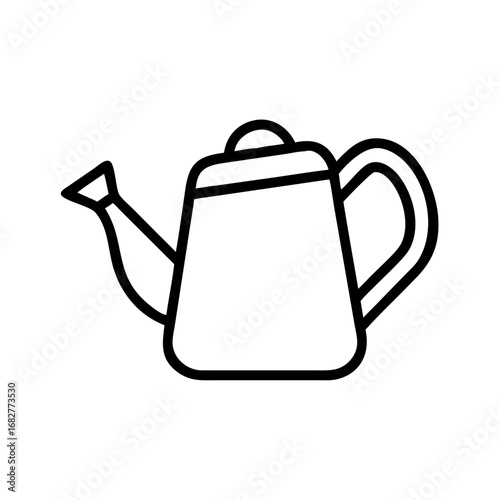 Illustration of a watering can with a spout and handle in a simple black outline design style