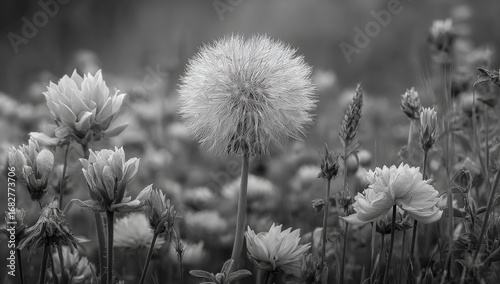 Fototapeta Naklejka Na Ścianę i Meble -  Black and white flower field with a prominent dandelion
