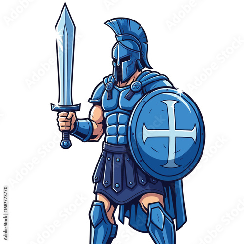Heroic Greek Spartan warrior in full blue armor holding a sword and shield, a powerful ancient gladiator mascot design character illustration 23