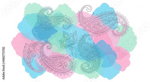 Vector floral poster where large watercolor-style washes (mint/cerulean/pink) are simplified as gradient meshes, overlaid with razor-sharp paisley linework from the reference; print-ready, no bitmap t