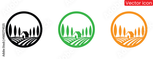 Charming Tuscan villa scene with cypress trees and rolling hills,Logo of a villa on a vineyard in a wine glass.Charming farmhouse, rolling hills, and trees in a circle