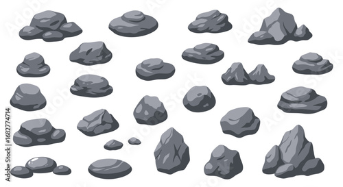 A collection of various gray rocks and stones in different shapes and sizes