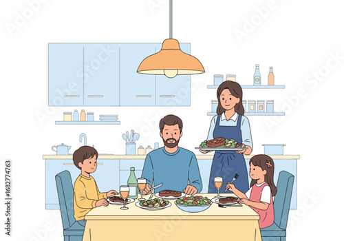 Adobe illustrator artwork vector illustration. A family of four—father, mother, son, and daughter—enjoying a meal together at a dining table. The mother serves food. A cozy kitchen scene