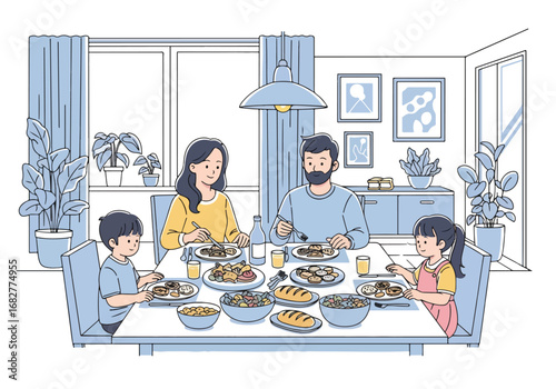 Adobe illustrator artwork vector illustration. A family of four—father, mother, son, and daughter—enjoying a meal together at a dining table. The mother serves food. A cozy kitchen scene
