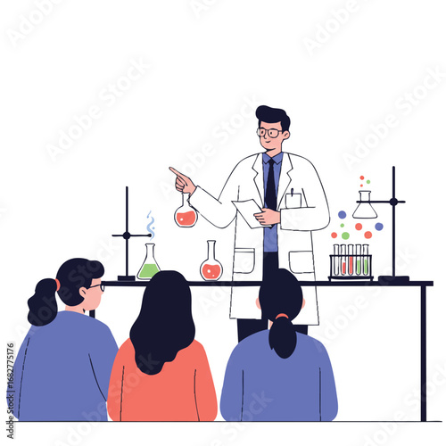 A flat 2D vector illustration shows a male teacher in a lab coat demonstrating an engaging science experiment with beakers and test tubes to attentive students on a clean white background.