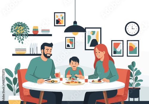 Adobe illustrator artwork vector illustration. A family of three—a father, mother, and son—happily eating a meal together at a round dining table. Cheerful and heartwarming scene