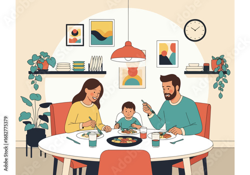 Adobe illustrator artwork vector illustration. A family of three—a father, mother, and son—happily eating a meal together at a round dining table. Cheerful and heartwarming scene
