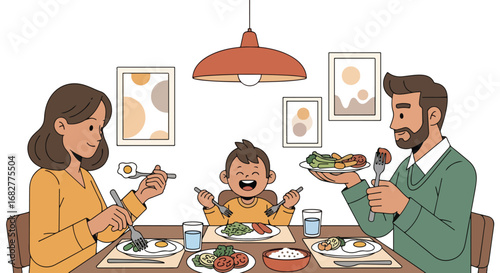 Adobe illustrator artwork vector illustration. A family of three—a father, mother, and son—happily eating a meal together at a round dining table. Cheerful and heartwarming scene