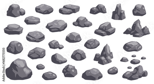 A collection of various gray rocks and stones in different shapes and sizes