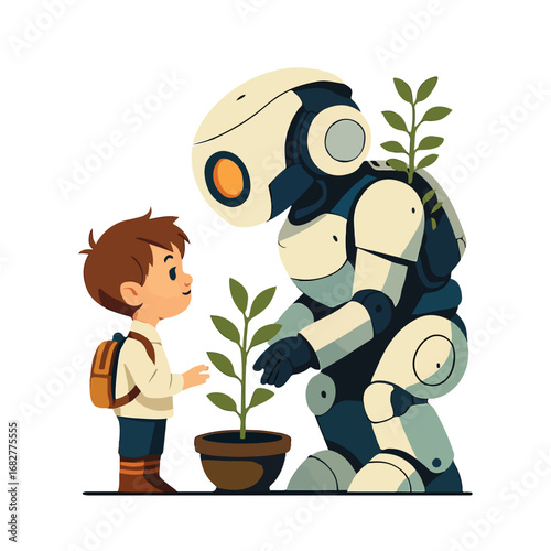 Robot and Child Planting a Tree Together