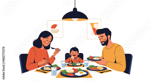 Adobe illustrator artwork vector illustration. A family of three—a father, mother, and son—happily eating a meal together at a round dining table. Cheerful and heartwarming scene