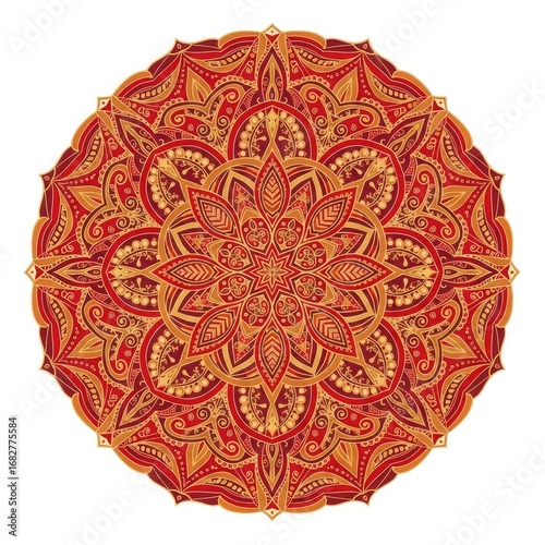 Intricate Indian mandala integrated with Malay batik paisley floral motifs, detailed vector linework, warm red and gold color palette, sacred ornamental cultural design.
