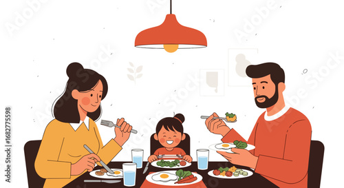 Adobe illustrator artwork vector illustration. A family of three—a father, mother, and son—happily eating a meal together at a round dining table. Cheerful and heartwarming scene