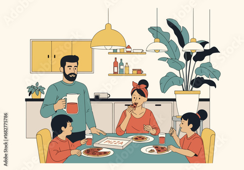 Adobe illustrator artwork vector illustration. A family of four—father, mother, and two children—happily eating pizza together at a dining table. Cozy and heartwarming home scene
