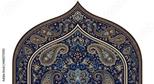 Middle Eastern ornamental arch decorated with Malay batik paisley floral motifs, deep blue and gold tones, symmetrical vector illustration, sacred cultural fusion style.
