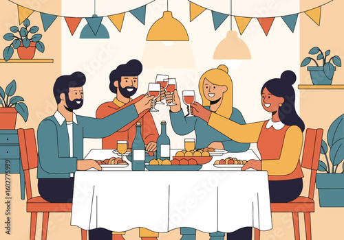 Adobe illustrator artwork vector illustration. A group of diverse friends celebrating and toasting with drinks around a dining table, adorned with festive bunting. Joyful social gathering