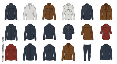 Collection of various jackets and pants in different colors and styles