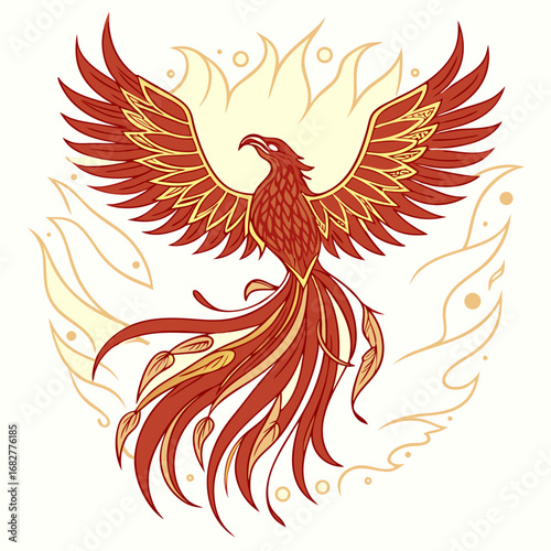 Stylized Phoenix Bird with Outspread Wings and Flowing Tail Feathers.
