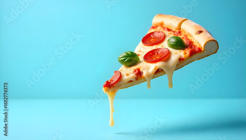 Pepperoni Pizza Slice With Dripping Cheese And Basil